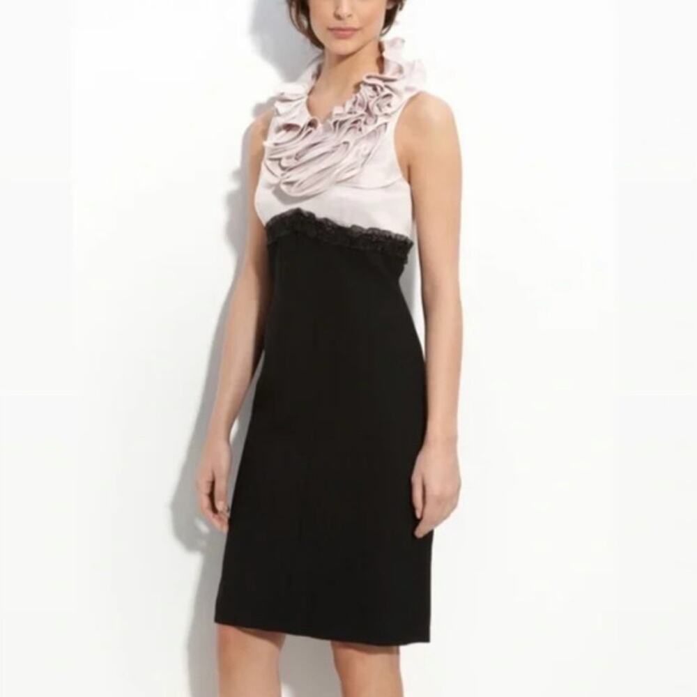 JS Collections Ruffle‎ Collar Crepe Pink & Black Sleeveless Sheath Dress Size 10